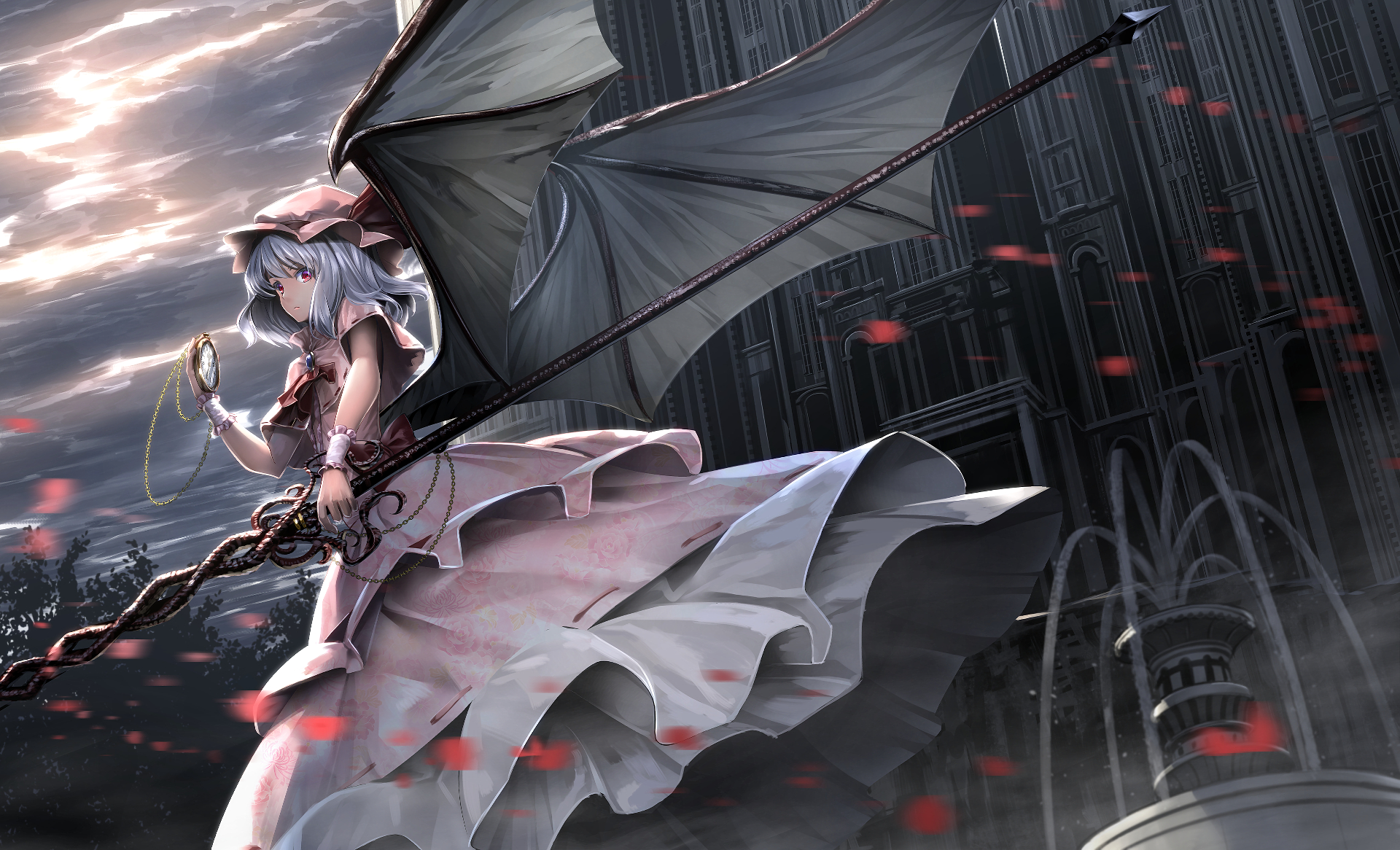 HD anime desktop wallpaper featuring Remilia Scarlet from Touhou, depicted with large bat wings, a flowing dress, and a dramatic, dark cityscape background.