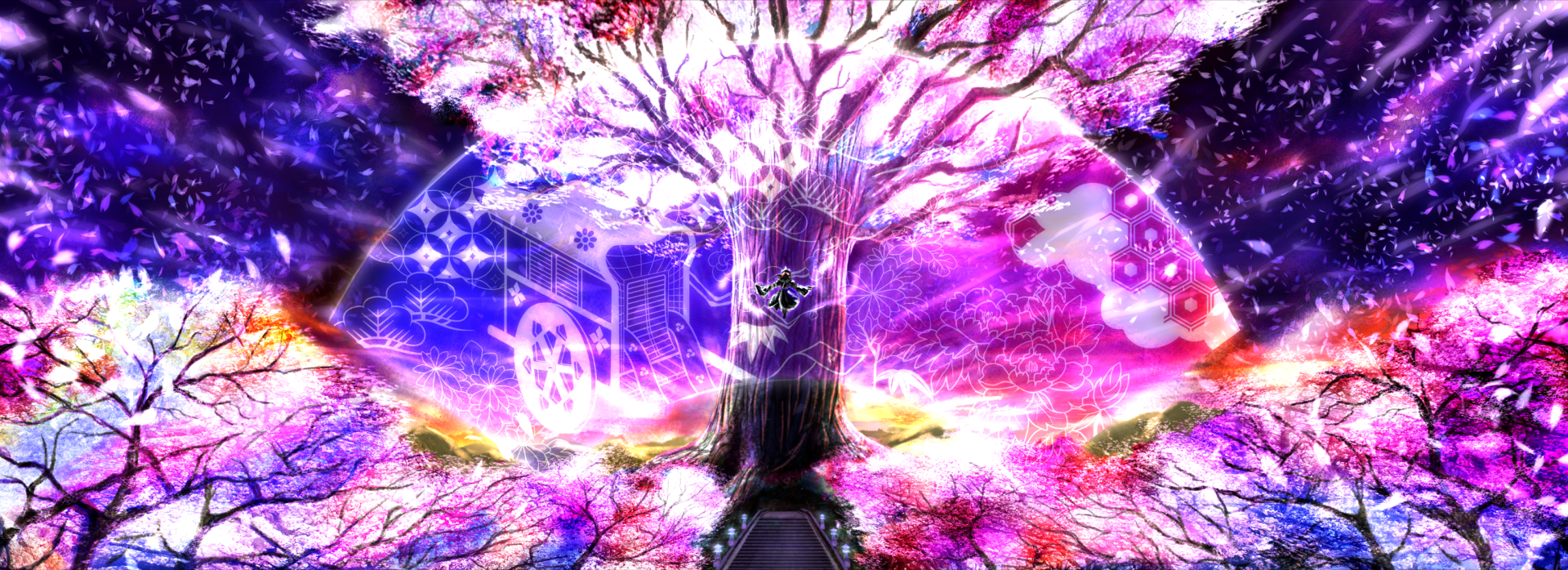 HD anime desktop wallpaper featuring Yuyuko Saigyouji from Touhou, surrounded by vibrant pink cherry blossoms and mystical glowing elements.