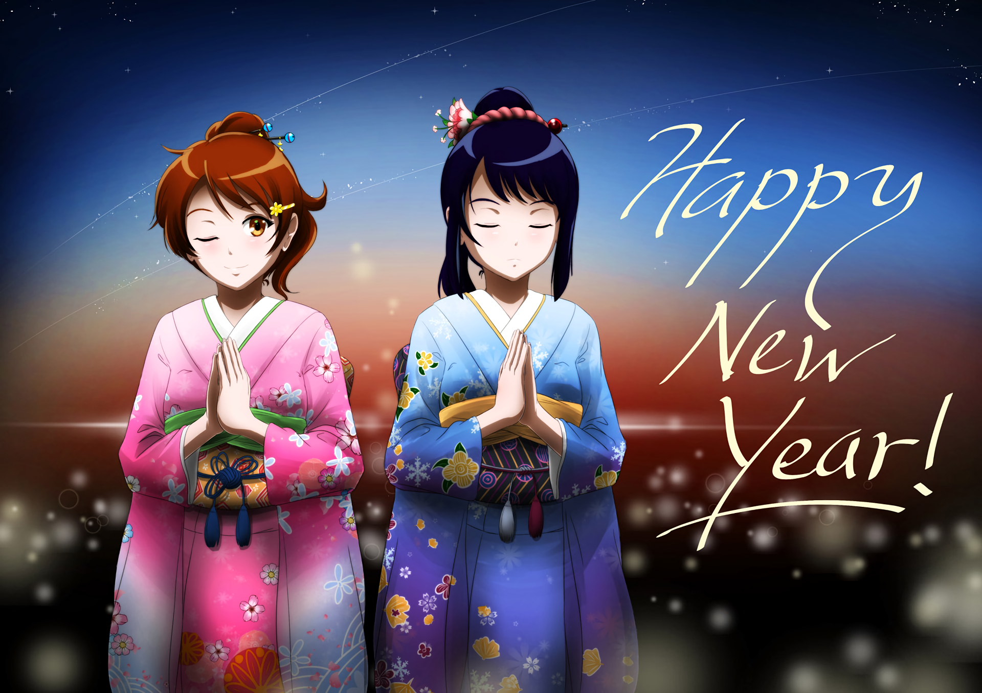 HD PC desktop wallpaper of Reina Kousaka and Kumiko Oumae from Sound! Euphonium wearing floral kimonos, eyes closed with hands clasped, standing under Happy New Year! text.
