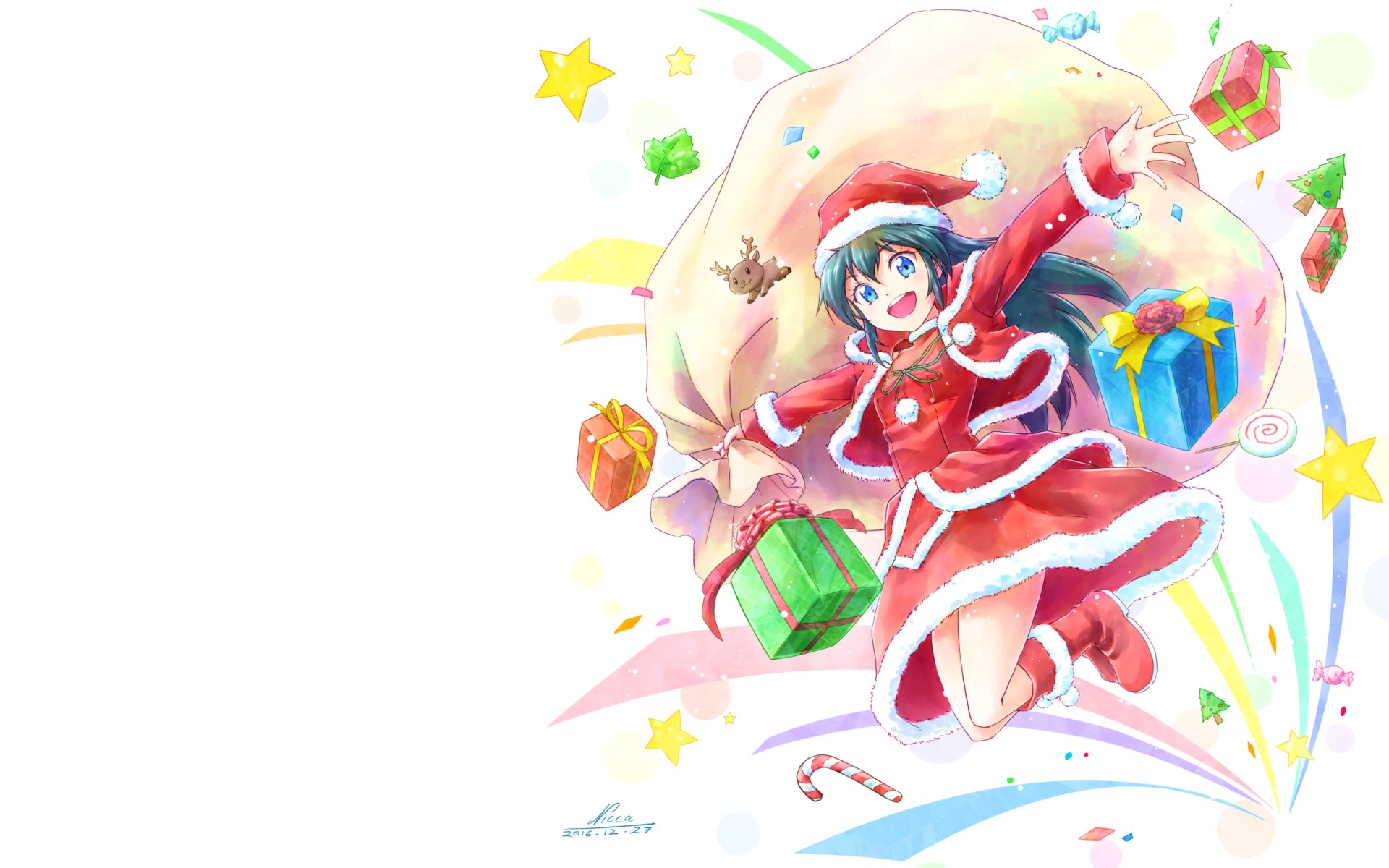 Anime-style Christmas scene featuring a joyful girl in a Santa outfit surrounded by colorful gifts and festive decorations, designed as an HD PC desktop wallpaper.