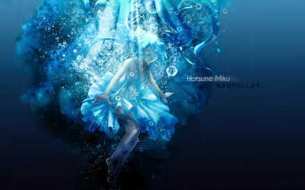 Hatsune Miku anime Vocaloid in a flowing blue dress, submerged among bubbles and light, rendered as an HD PC desktop wallpaper/background.