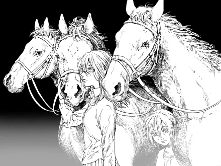 Black-and-white anime-style HD wallpaper featuring Historia Reiss standing closely with three horses from Attack on Titan.