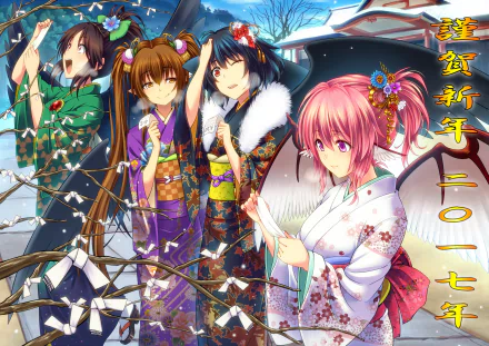 HD PC desktop wallpaper featuring Aya Shameimaru, Utsuho Reiuji, Hatate Himekaidou, and Mystia Lorelei in vibrant kimono, inspired by Touhou anime style.