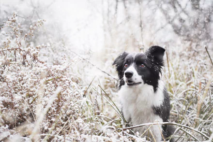 A border collie with a black muzzle sits alert in a snowy winter landscape, surrounded by frost-covered plants under falling snowflakes.