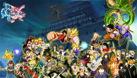 HD desktop wallpaper featuring a vibrant anime crossover with characters from various series against a dark, dramatic castle backdrop.