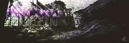 Anime-style HD desktop wallpaper depicting a violet-hued ruin with overgrown plants and broken structures, blending original artistic elements and a dark, atmospheric setting.