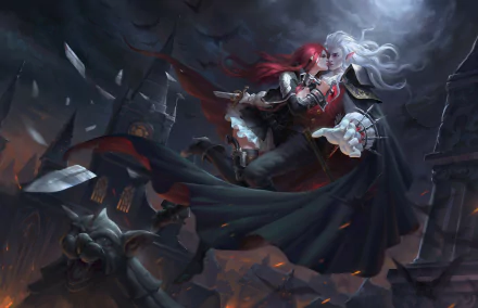 A dark, HD desktop wallpaper featuring a vampire with pointed ears, white and red hair, wielding a weapon amid bats and gothic architecture.