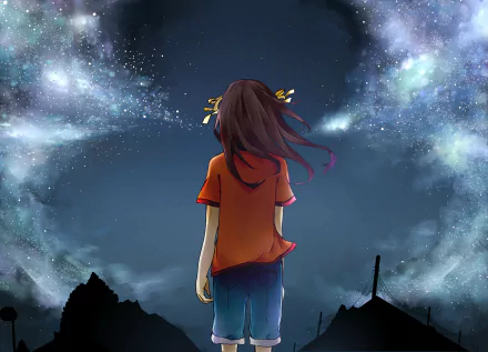 Anime HD desktop wallpaper featuring Haruhi Suzumiya from The Melancholy of Haruhi Suzumiya, standing under a starry night sky with her back turned.