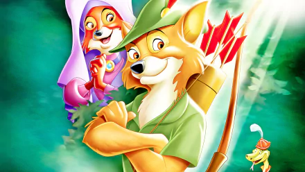 HD PC desktop wallpaper featuring Disney's 1973 animated movie Robin Hood, showcasing the iconic fox Robin Hood and Maid Marian in vibrant colors.