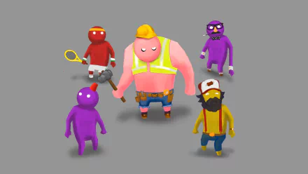 HD desktop wallpaper featuring characters from the game Gang Beasts in a playful pose, set against a grey background.