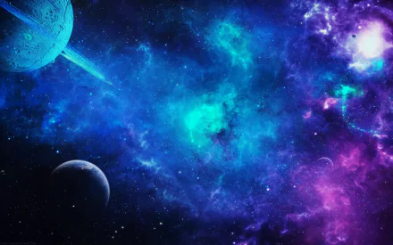 Vibrant sci-fi space scene featuring a purple and blue nebula with planets, rendered in high-definition for a striking PC desktop wallpaper background.