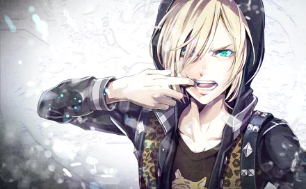 HD desktop wallpaper featuring Yuri Plisetsky from the anime Yuri!!! on ICE, showcasing his intense expression and dynamic pose.