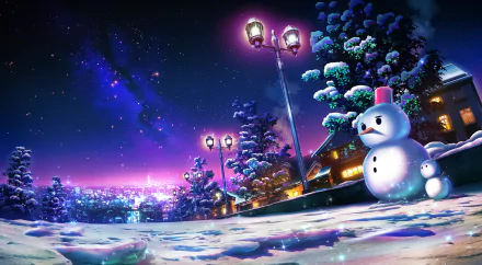 Anime HD wallpaper showcasing a winter night scene with a glowing cityscape in the background, lamp posts lighting a snowy path, and a snowman standing near a cozy house.