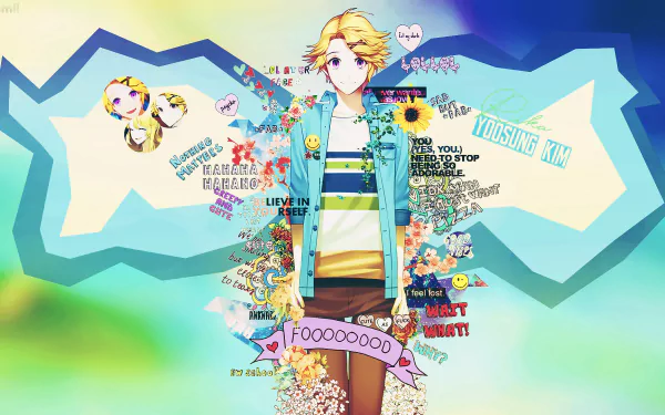HD desktop wallpaper and background featuring Yoosung Kim from Mystic Messenger, surrounded by colorful graphics and text on a green and blue gradient background.