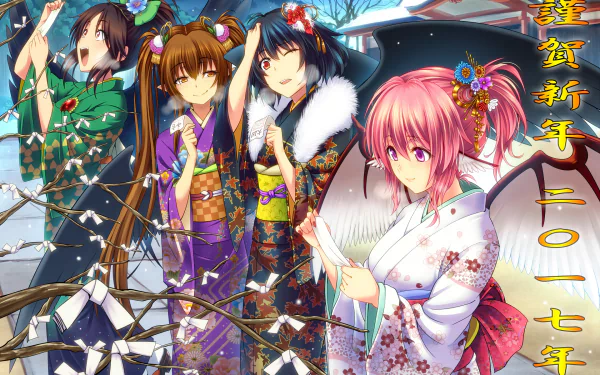 HD PC desktop wallpaper featuring Aya Shameimaru, Utsuho Reiuji, Hatate Himekaidou, and Mystia Lorelei in vibrant kimono, inspired by Touhou anime style.