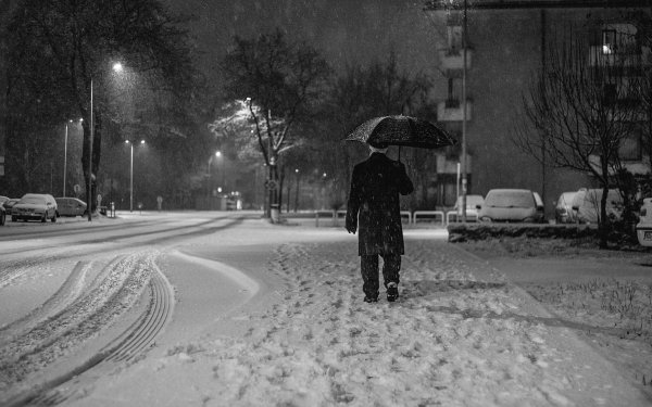 Photography Winter Town Snow White Night Umbrella Black & White HD Wallpaper | Background Image