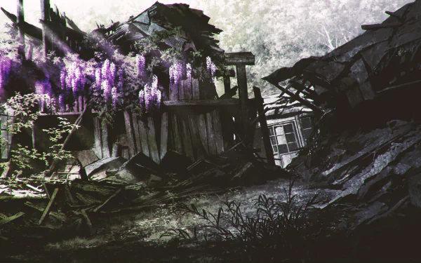 Anime-style HD desktop wallpaper depicting a violet-hued ruin with overgrown plants and broken structures, blending original artistic elements and a dark, atmospheric setting.