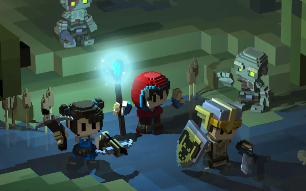 HD desktop wallpaper featuring characters from the game Stonehearth in a stylized, voxel-based setting.