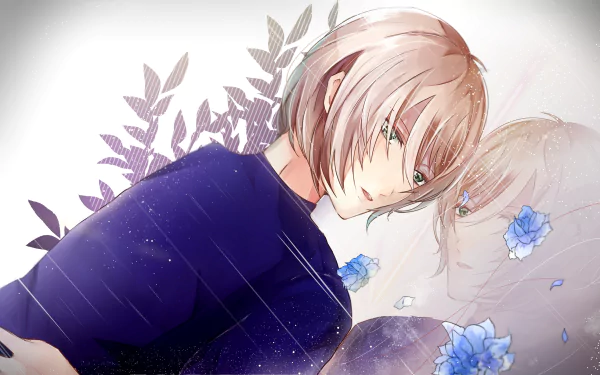 HD desktop wallpaper featuring Yuri Plisetsky from the anime Yuri!!! on ICE. Yuri is depicted with a reflective, thoughtful expression, surrounded by leaves and blue flowers.