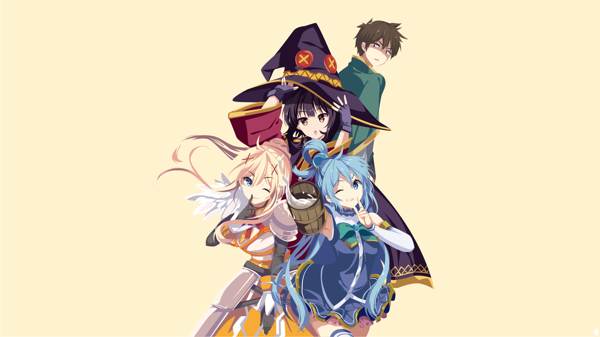 megumin, aqua, darkness, and satou kazuma (kono subarashii sekai ni  shukufuku wo!) drawn by mishima_kurone