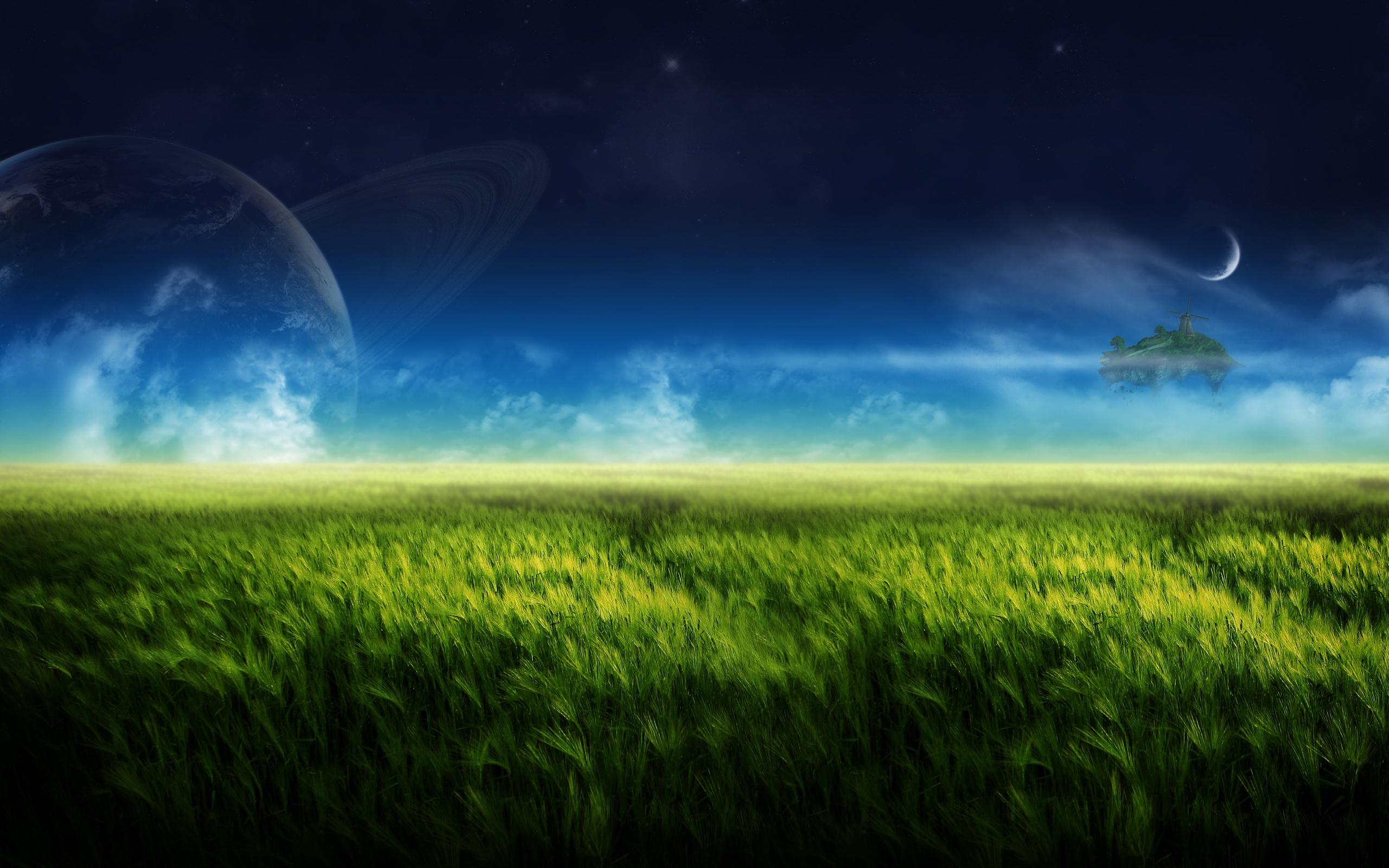 Vibrant field with green grass, planet, and clouds in the sky.