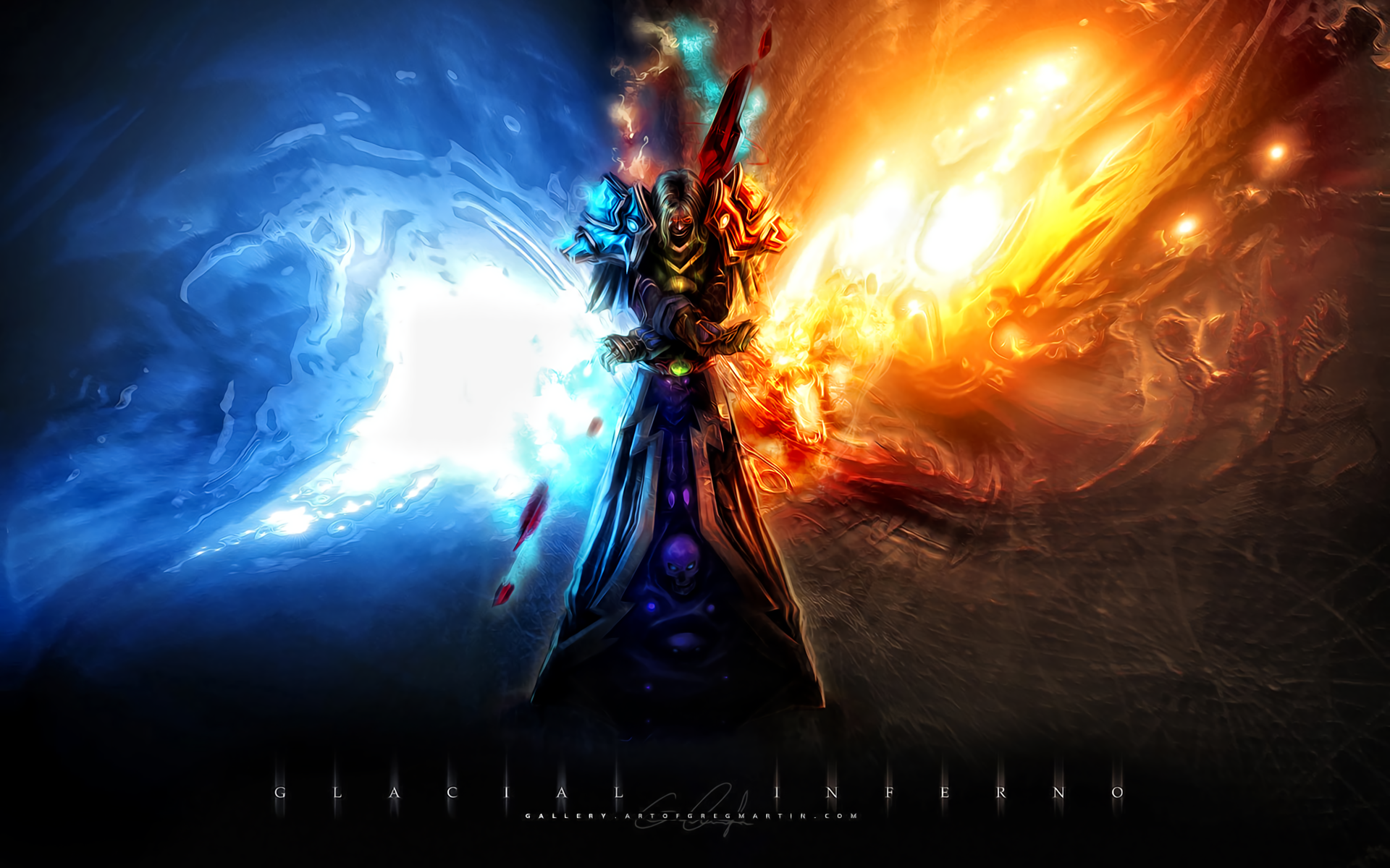 HD desktop wallpaper featuring a fantasy warrior in ornate armor, casting powerful magic spells with flames on one side and ice on the other. Inspired by the video game World of Warcraft.