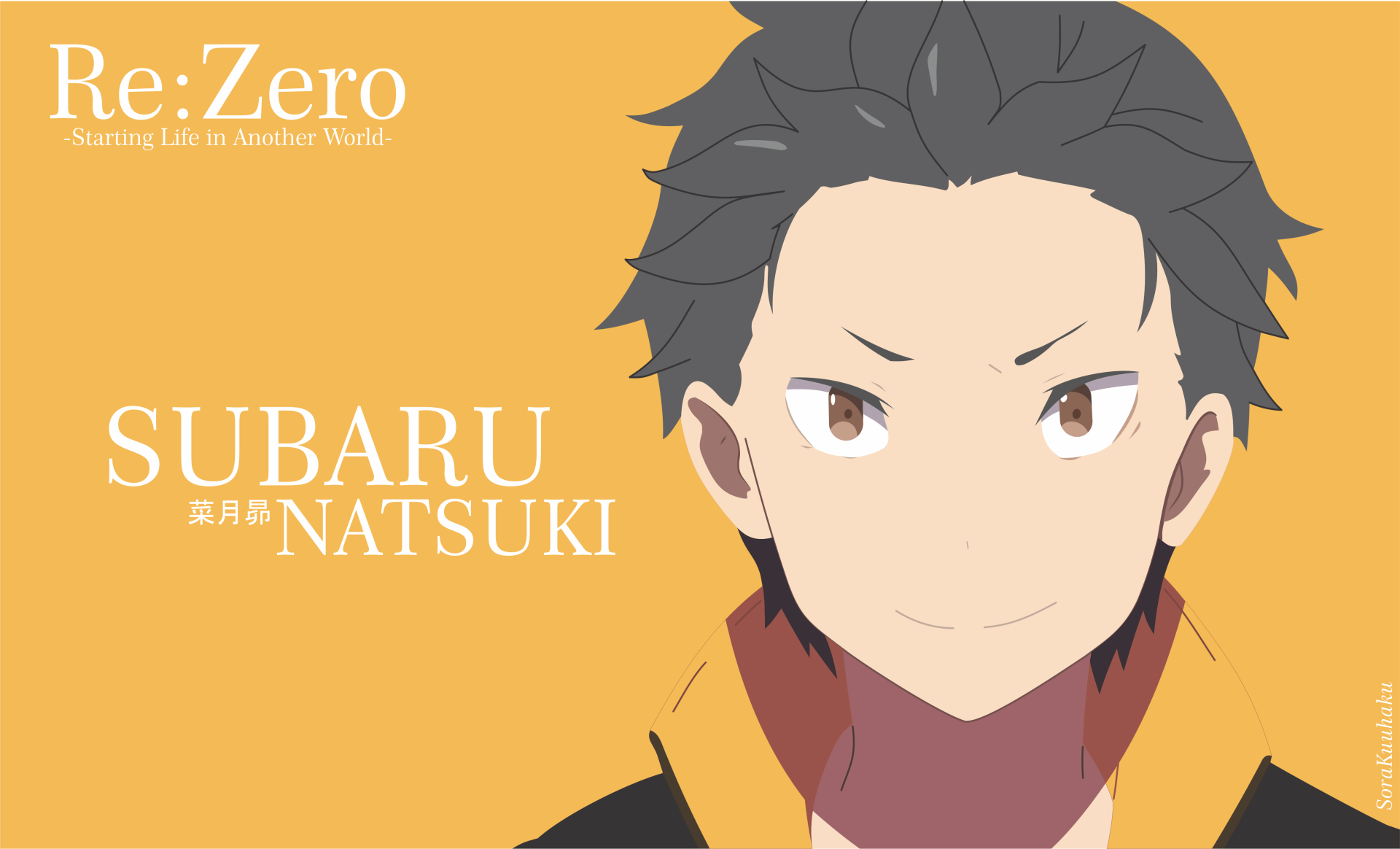 4K Ultra HD anime wallpaper featuring Subaru Natsuki from Re:Zero - Starting Life in Another World with a minimalist design and warm color palette.