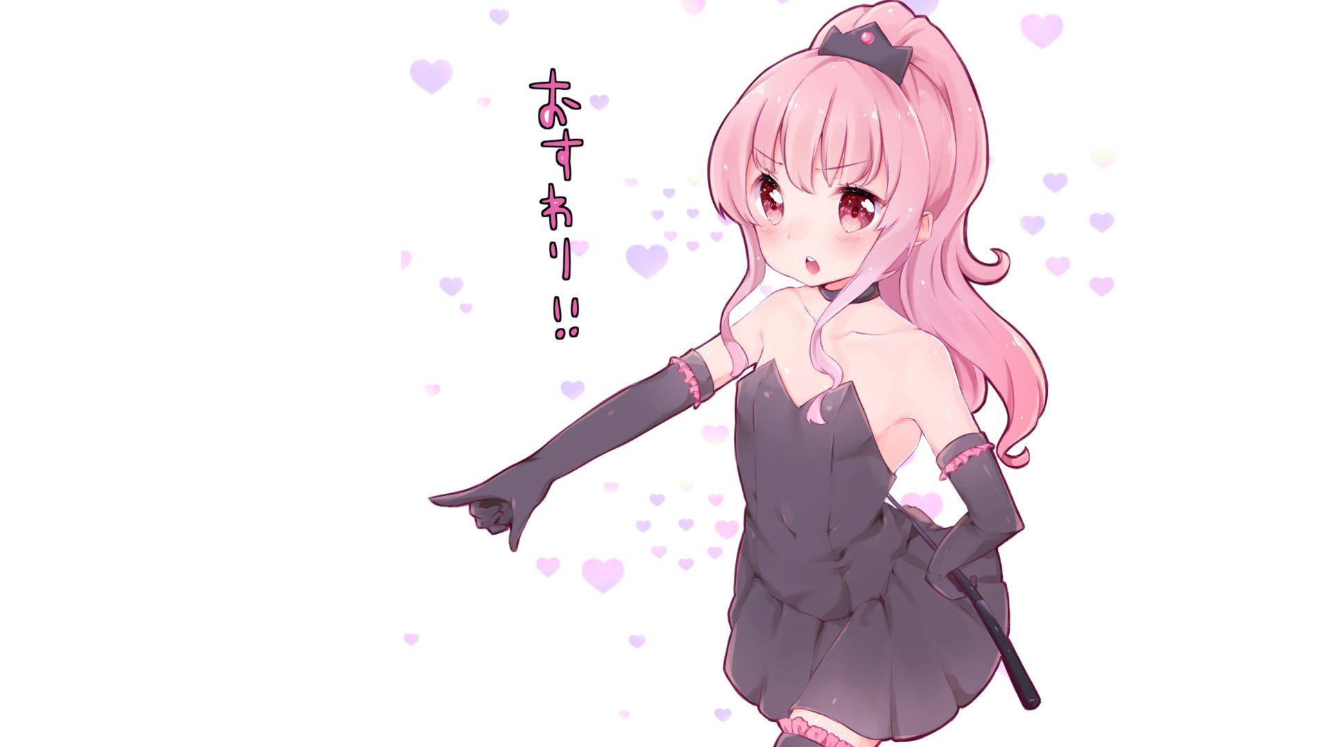 HD anime wallpaper featuring a pink-haired character from The Familiar of Zero in a black dress, set against a background with soft purple hearts.