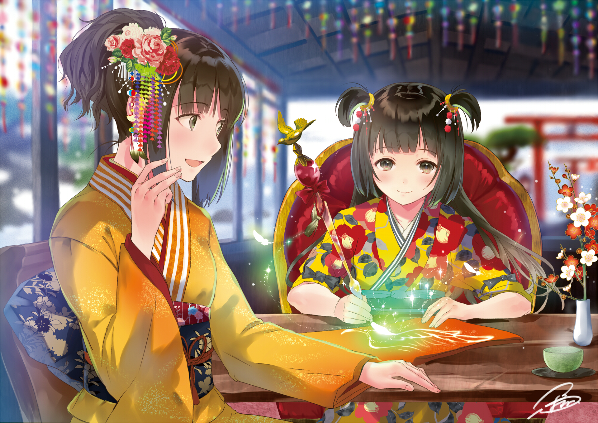 HD desktop wallpaper featuring an original anime artwork of two girls in traditional attire, engaging with glowing objects at a table, set in a vibrant, decorated environment.