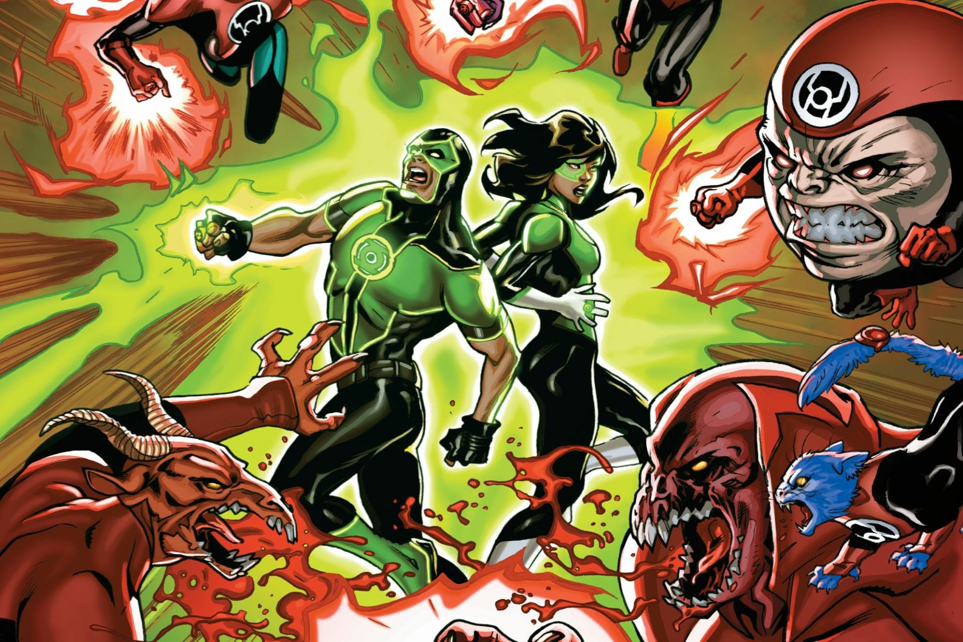Green Lantern Corps comic HD PC desktop wallpaper: two ring-wielders back-to-back unleashing bright green energy as red, monstrous foes close in.