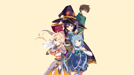 HD wallpaper of KonoSuba characters: Megumin in a witch hat, Darkness in armor, Aqua with blue hair, and Kazuma in a green cloak against a beige background.