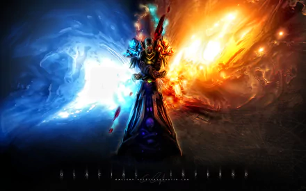HD desktop wallpaper featuring a fantasy warrior in ornate armor, casting powerful magic spells with flames on one side and ice on the other. Inspired by the video game World of Warcraft.