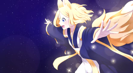 HD anime desktop wallpaper featuring Rin Kagamine from Vocaloid with flowing hair and bright, energetic expression against a starry night sky background.