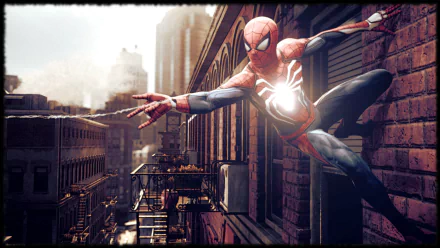 HD wallpaper of Spider-Man from the PS4 video game, depicted swinging through a cityscape, with dynamic lighting and detailed surroundings.