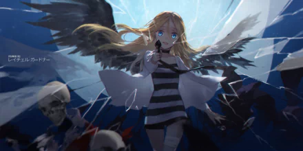HD desktop wallpaper of Rachel Gardner from the anime Satsuriku no Tenshi (Angels of Death), featuring her standing with dark wings and a glass-shattering effect in the background.