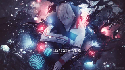 HD desktop wallpaper featuring Yuri Plisetsky from the anime Yuri!!! on ICE, surrounded by a dynamic background of bright lights and dark shadows.