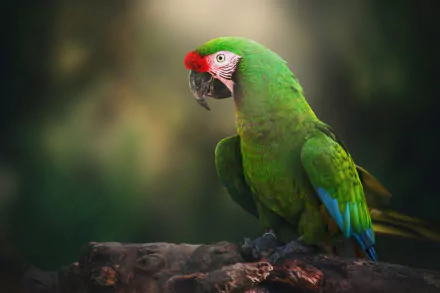 HD desktop wallpaper of a vibrant military macaw parrot with bright green feathers and a red crown, perched against a softly blurred natural background.