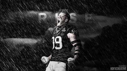 HD desktop wallpaper featuring J.J. Watt in a dynamic pose with the word 'RISE' above him, all set against a rainy background.