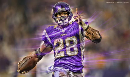 HD desktop wallpaper of a football player in a purple and gold uniform, number 28, running with the football.