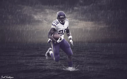 HD desktop wallpaper featuring a dynamic image of a football player running with the ball in the rain.