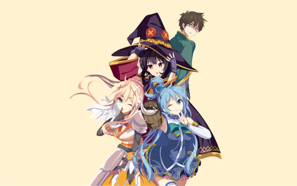 HD wallpaper of KonoSuba characters: Megumin in a witch hat, Darkness in armor, Aqua with blue hair, and Kazuma in a green cloak against a beige background.