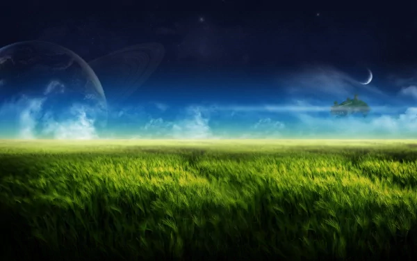 A dreamy landscape featuring a vast green field under a starry sky, with clouds and planets in the background, creating a serene and otherworldly atmosphere.