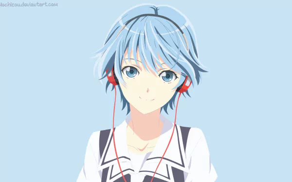 HD PC desktop wallpaper of Fuuka Akitsuki from the anime Fuuka: blue-haired girl wearing red headphones, centered against a pale blue background.