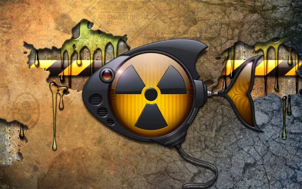 An artistic HD PC desktop wallpaper featuring a stylized fish design with a radioactive symbol, set against a textured, gritty background with dripping effects.