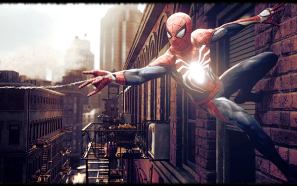 HD wallpaper of Spider-Man from the PS4 video game, depicted swinging through a cityscape, with dynamic lighting and detailed surroundings.
