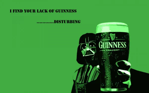 Darth Vader holds a pint of Guinness against a green background, with the quote, “I find your lack of Guinness... disturbing,” celebrating St. Patrick's Day with a Star Wars twist.