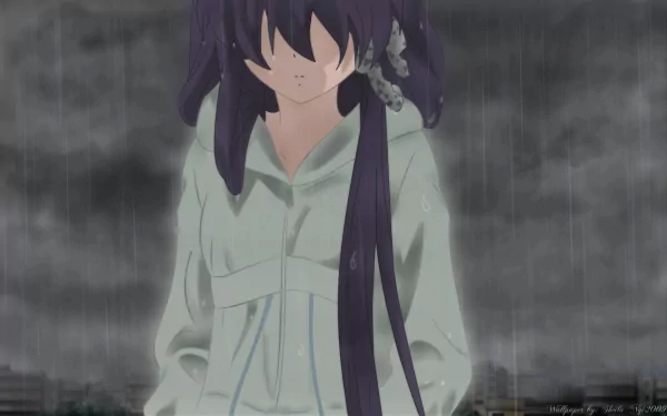 HD PC desktop wallpaper featuring Kyou Fujibayashi from the anime Clannad standing in the rain with a somber expression and dark cloudy background.
