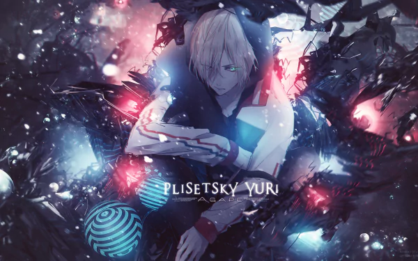 HD desktop wallpaper featuring Yuri Plisetsky from the anime Yuri!!! on ICE, surrounded by a dynamic background of bright lights and dark shadows.