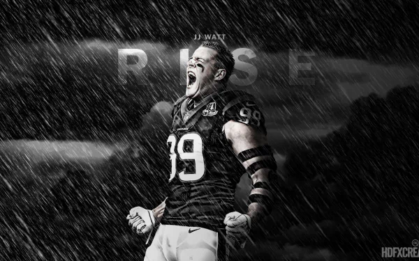 HD desktop wallpaper featuring J.J. Watt in a dynamic pose with the word 'RISE' above him, all set against a rainy background.
