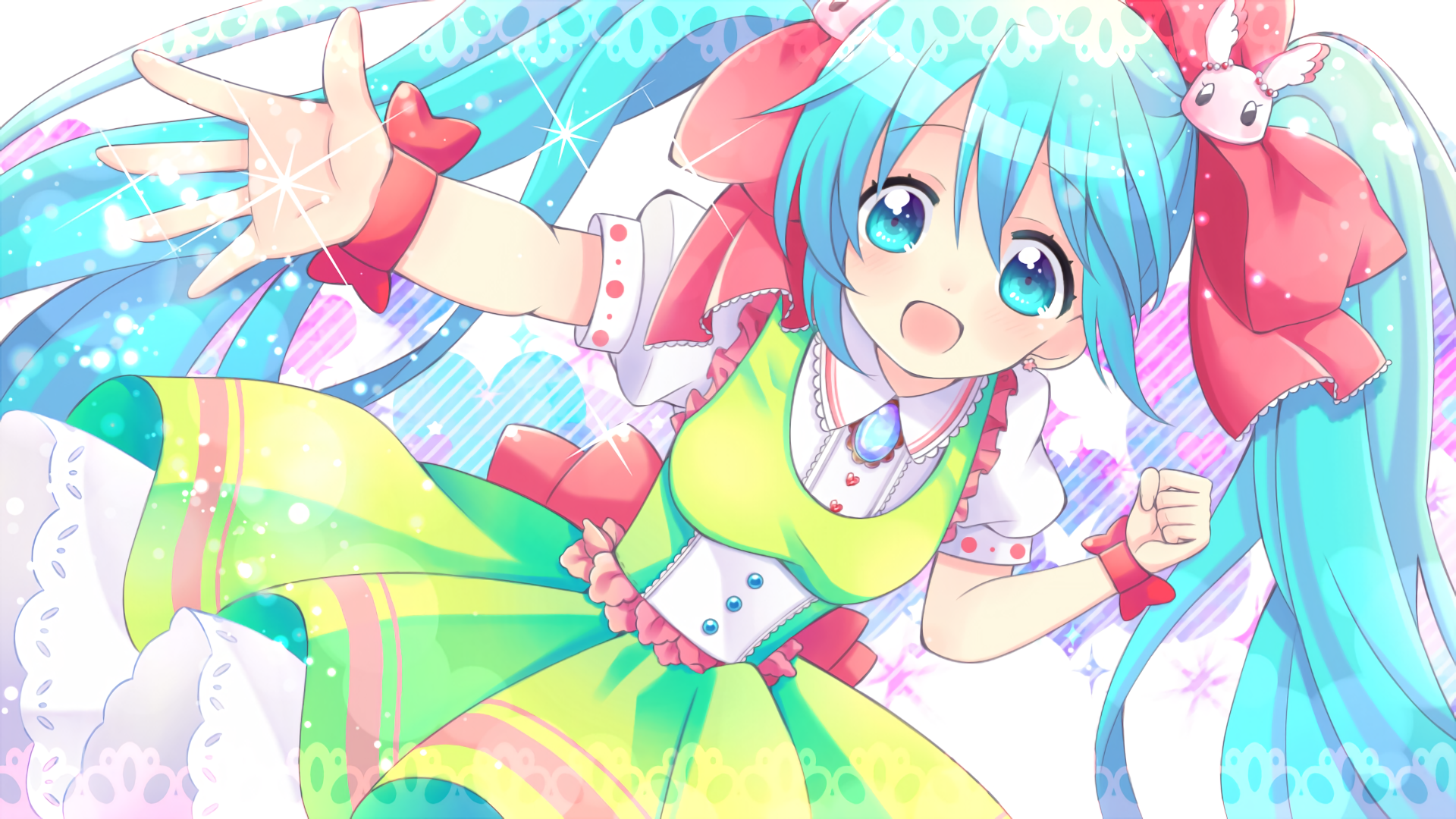 HD desktop wallpaper featuring Hatsune Miku, an anime character from Vocaloid, in vibrant attire, reaching out with a joyful expression.